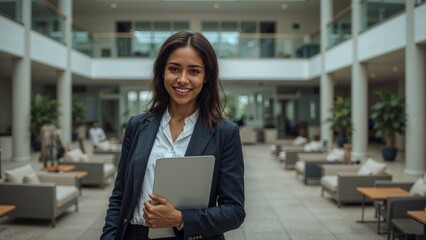 Fototapeta premium Businesswoman smiling in modern office lobby
