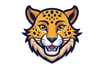 A stylized cheetah face showcases its distinctive black spots and yellow eyes against white backdrop