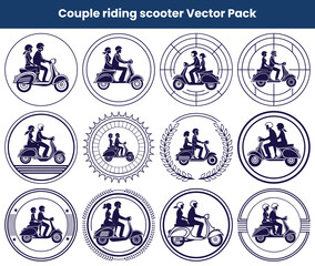Silhouette Set Couple on Vintage Scooter with Different Decorative Circle Frame Designs