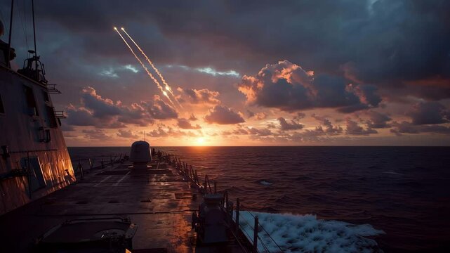The stern of the frigate is seen firing warning flares into the setting sun illuminating the sky while sending signals to distant merchant ships ensuring safe navigation through a stretch