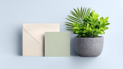 Elegant Stationery Mockup with Green Plant