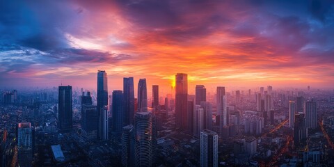 Fototapeta premium Aerial cityscape at sunset with dramatic clouds