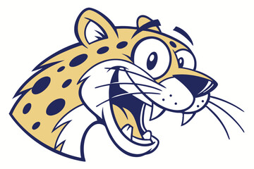 Cartoonish jaguar with yellow fur and spots appears to be roaring loudly in art