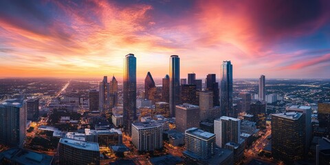 Fototapeta premium Panoramic view of a vibrant city skyline at sunrise, showcasing numerous high-rise buildings, roads, and the vibrant colors of the twilight sky