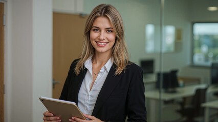 Confident businesswoman holding tablet in modern office