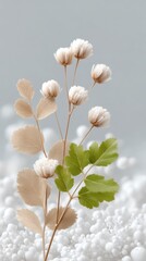Elegant White and Gold Glitter Flowers with Green Leaves on White Background
