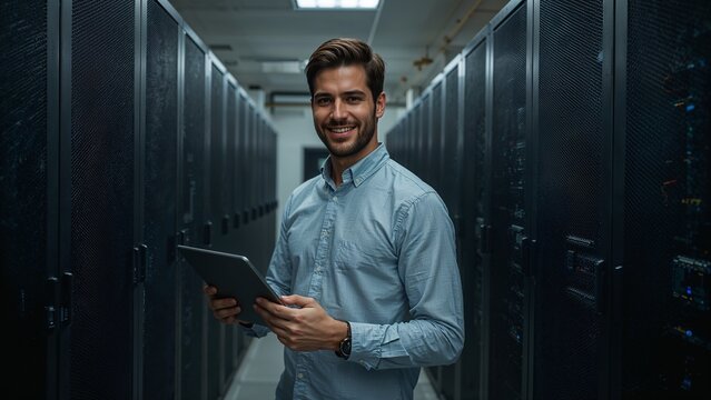 It engineer smiling in server room with digital tablet
