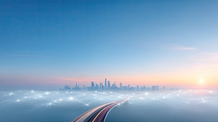 Elevated View of City Skyline at Sunset with Illuminated Highway