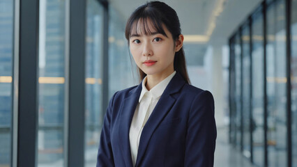 A woman in a professional attire stands near a window, possibly contemplating or planning something