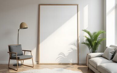 Frame mockup, ISO A paper size. Living room wall poster mockup. Interior mockup with house background. Modern interior design. 3D render. High quality