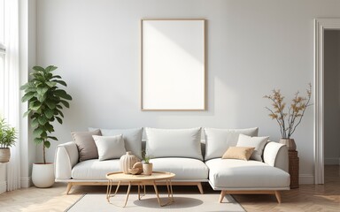 Frame mockup, ISO A paper size. Living room wall poster mockup. Interior mockup with house background. Modern interior design. 3D render. High quality