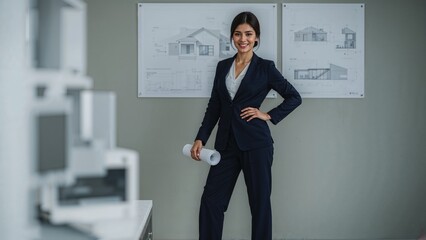 Smiling female architect holding blueprints in office