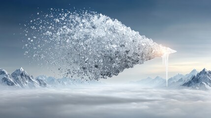 Melting Glacier Over Snowy Mountains: A Surreal Winter Landscape