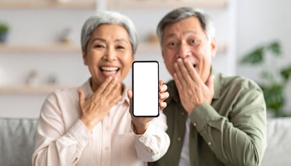 Smiling elderly couple holding a smartphone together, expressing joy and surprise in a cozy indoor setting