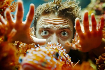 Man trapped in ocean danger. Coral reef hazard. Deadly stonefish and fear and horror adult man swims among the corals. Hazardous sea adventure. Encounter with deadly stonefish while snorkeli.