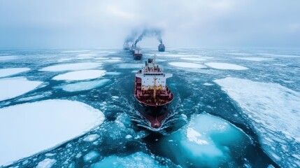 A striking scene of ships breaking through melting ice in an expansive sea, highlighting the effects of climate change and the challenges faced by maritime navigation in modern times.