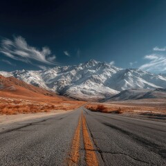 Empty Asphalt Road Leading to Snow Capped Mountains Under a Blue Sky