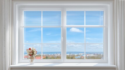 Obraz premium Large white-framed window with blinds partially open, showing a clear view of a city skyline under a sunny blue sky.