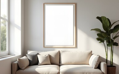 Frame mockup, ISO A paper size. Living room wall poster mockup. Interior mockup with house background. Modern interior design. 3D render. High quality