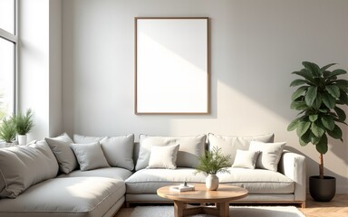 Frame mockup, ISO A paper size. Living room wall poster mockup. Interior mockup with house background. Modern interior design. 3D render. High quality