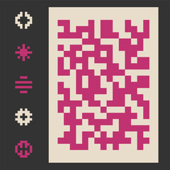 Pixel mosaic background and round pixelated graphic elements. Random square spots backdrop. Vector illustration