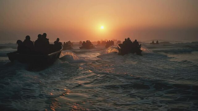 A fleet of landing crafts maneuvers through shallow waters their silhouettes stark against the sunrise. Soldiers are seen preparing to storm the beach with the sound of engines echoing
