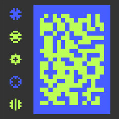 Mosaic pixel backdrop and 8 bit circular signs. Pixel background in y2k aesthetics. Random square spots decor. Vector illustration
