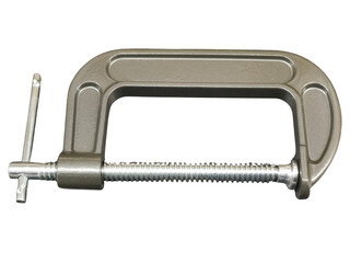 A metallic C-clamp with a threaded screw and handle used for holding objects tightly in place during woodworking or metalworking.