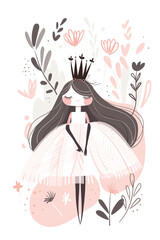 Princess, Cute teenage girl in fancy dress and long hair, flat cartoon vector illustration for print. Print for kids room, t-shirts, minimalistic design.