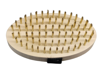 A round wooden base with evenly spaced, upright brass spikes arranged in concentric circles.