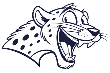 An exciting monochrome illustration depicts a cartoon cheetah with an open mouth and visible fangs