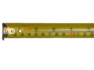 A yellow measuring tape extended to about 11 inches with clear black and red numeric markings and a metal end hook.