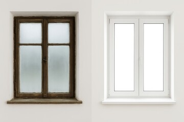 Side-by-side comparison showing window renovation from aged, wooden-framed glass to sleek, energy-efficient white uPVC frame.
