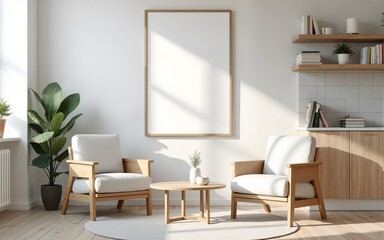 Frame mockup, ISO A paper size. Living room wall poster mockup. Interior mockup with house background. Modern interior design. 3D render. High quality