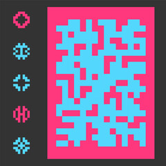 Pixel mosaic background and pixelated circular objects. Cyberpunk style, brutalist symbols. Random square spots backdrop. Vector illustration