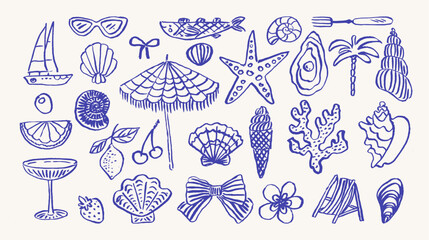 Summer vacation doodle illustration collection. Beach and travel elements set. Cute blue ink style. Vector illustration