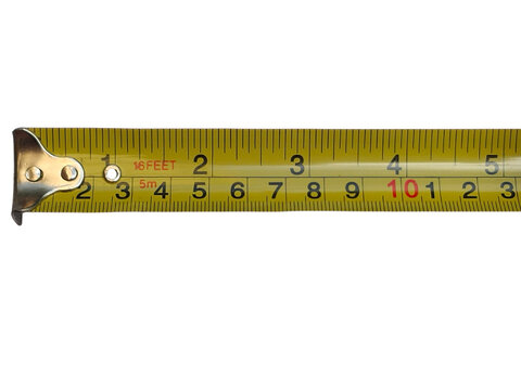 A yellow measuring tape extended to about 11 inches with clear black and red numeric markings and a metal end hook.