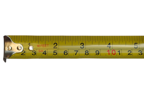 A yellow measuring tape extended to about 11 inches with clear black and red numeric markings and a metal end hook.