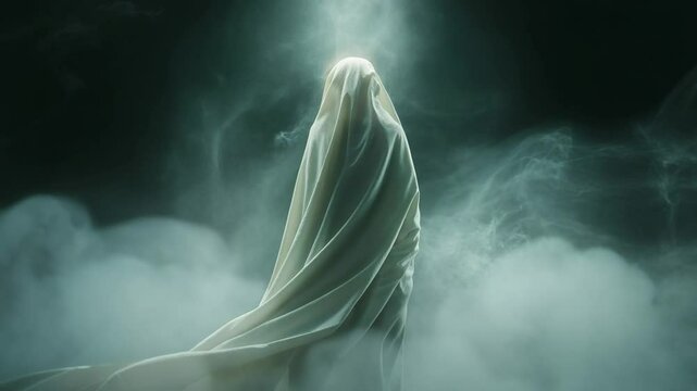 Mysterious cloaked figure in mist, ethereal ghostly apparition