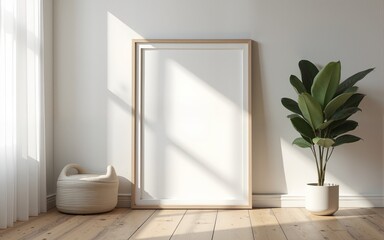 Frame mockup, ISO A paper size. Living room wall poster mockup. Interior mockup with house background. Modern interior design. 3D render. High quality