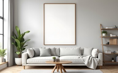 Frame mockup, ISO A paper size. Living room wall poster mockup. Interior mockup with house background. Modern interior design. 3D render. High quality