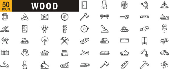 Wood editable outline icon set. Carpentry, timber, tools, furniture, lumber, firewood and more.
