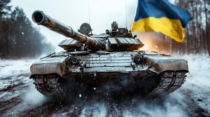 A powerful tank advancing through a snowy landscape, proudly displaying the Ukrainian flag, symbolizing resilience and strength amid challenging conditions.