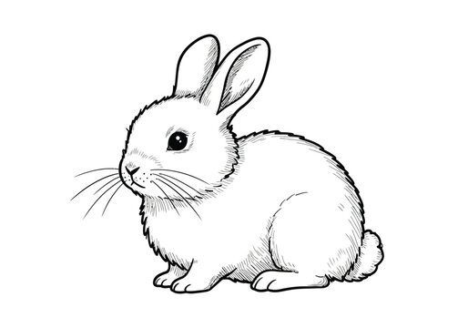 Fluffy bunny drawing. It is a black and white outline image of a fluffy bunny, a cute and soft rabbit with detailed fur texture, sitting. Vector sketch line art draw.