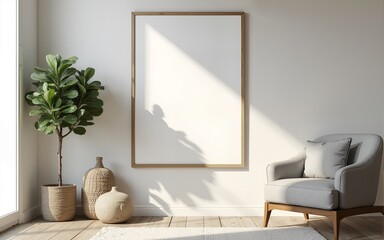 Frame mockup, ISO A paper size. Living room wall poster mockup. Interior mockup with house background. Modern interior design. 3D render. High quality