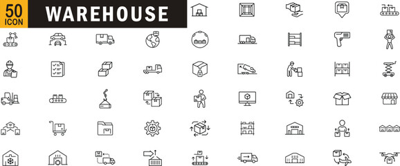 Warehouse editable outline icon set. Storage, shipping, logistics, inventory, packaging, delivery and more.
