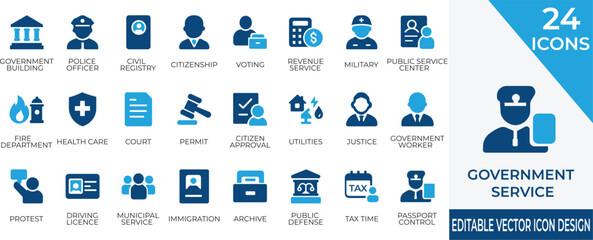 A professional filled icon set showcasing essential government services and public administration. Perfect for use in civic apps, websites, and institutional publications.
