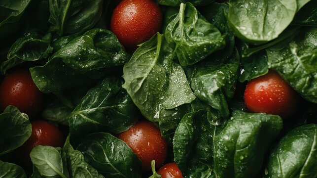 A vibrant display of fresh spinach leaves and ripe tomatoes, reflecting the beauty and healthfulness of organic produce in a rich, green composition.
