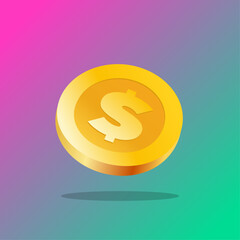 gold coin with currency logo for casino slot machines on garident with shadow