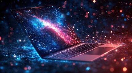 Laptop screen displaying nebula, digital particles, dark background; futuristic tech concept
